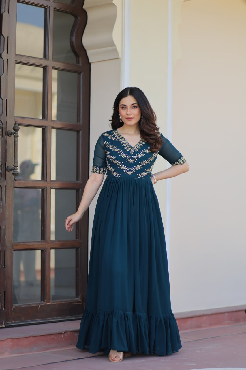 VAIDEHI FULLY FLARED RAMA FAUX BLOOMING GOWN WITH RICH SEQUINS BEADS EMBROIDERED WORK
