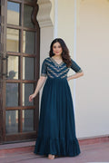 VAIDEHI FULLY FLARED RAMA FAUX BLOOMING GOWN WITH RICH SEQUINS BEADS EMBROIDERED WORK