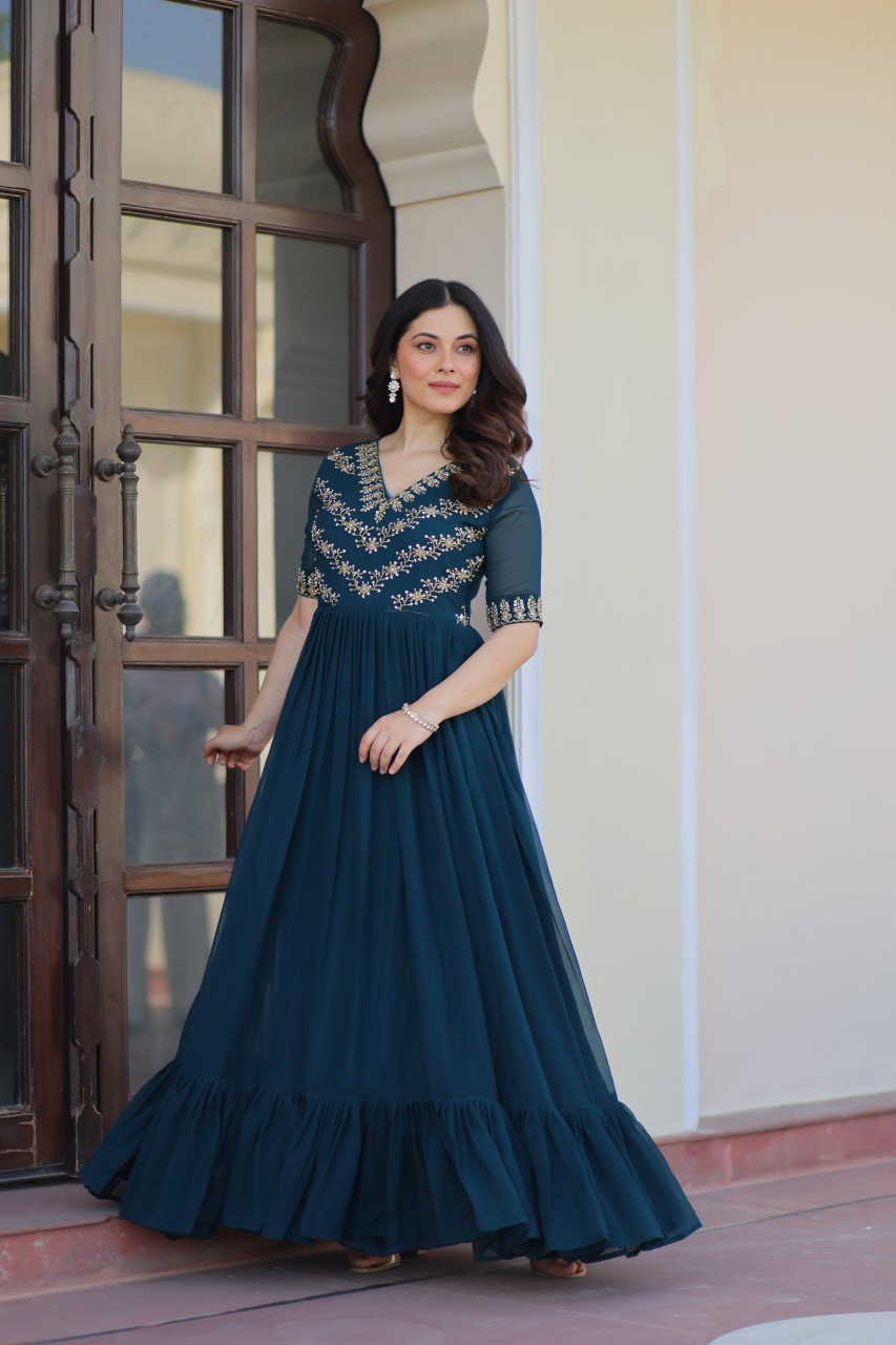 VAIDEHI FULLY FLARED RAMA FAUX BLOOMING GOWN WITH RICH SEQUINS BEADS EMBROIDERED WORK