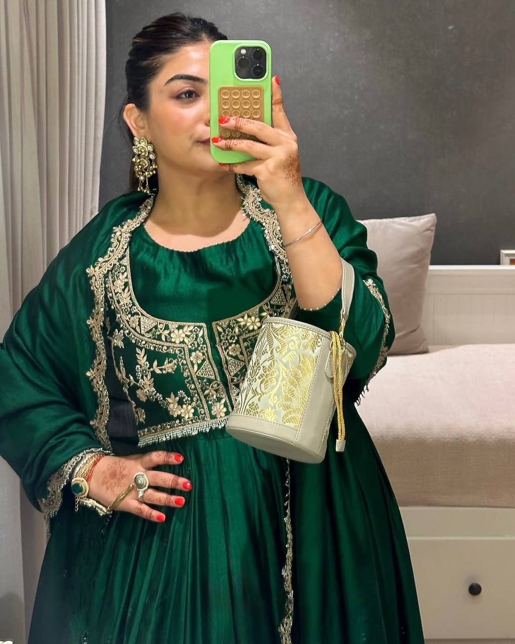 Regal Green Chinon Silk Embroidered With Thread Sequins Work Gown With Dupatta And Koti