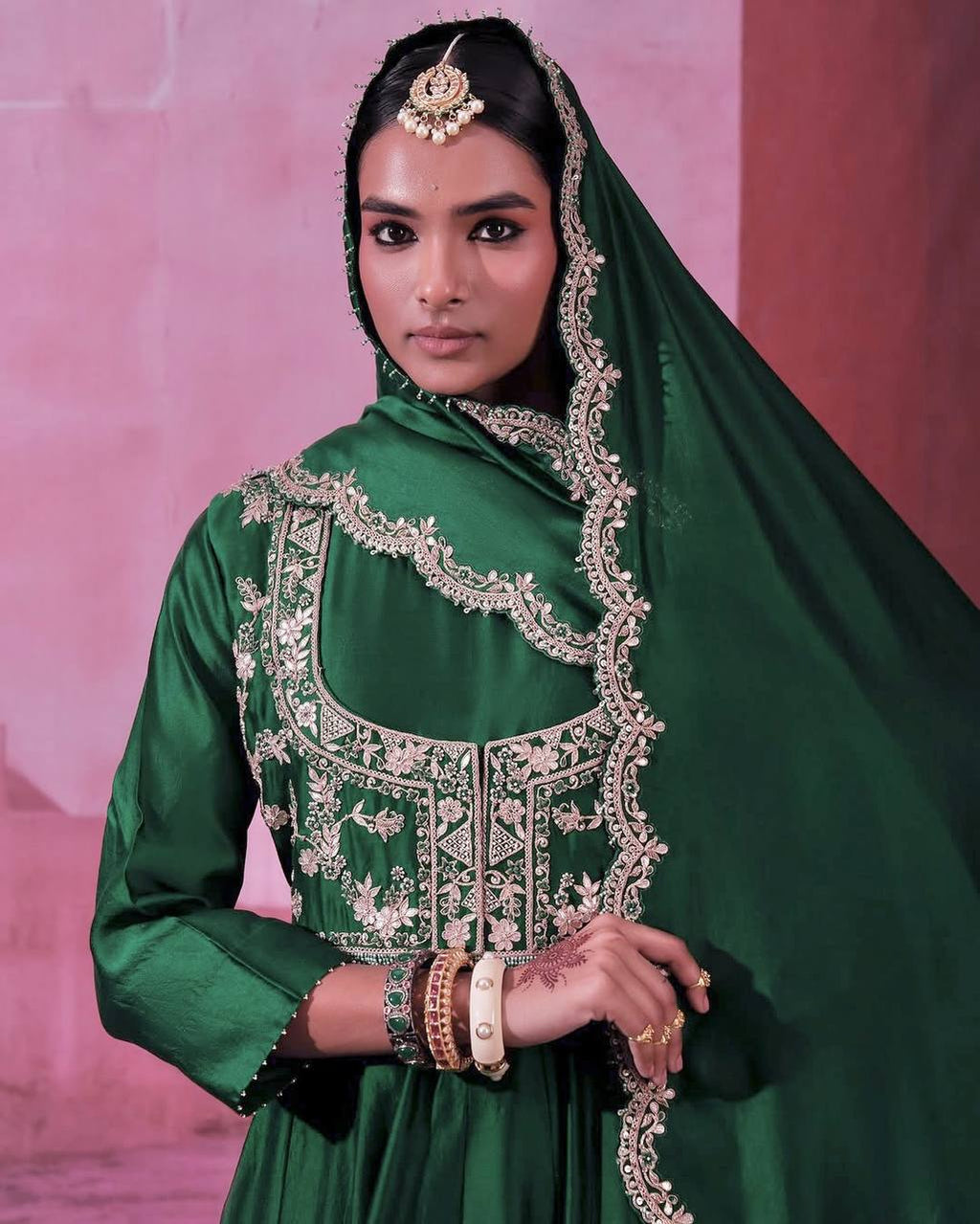 Regal Green Chinon Silk Embroidered With Thread Sequins Work Gown With Dupatta And Koti