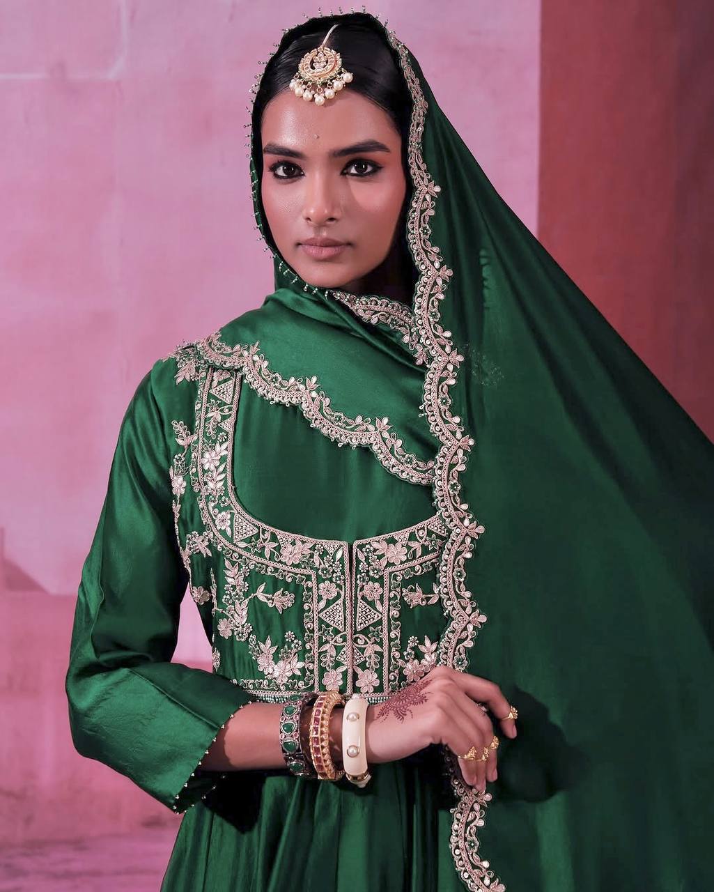 Regal Green Chinon Silk Embroidered With Thread Sequins Work Gown With Dupatta And Koti
