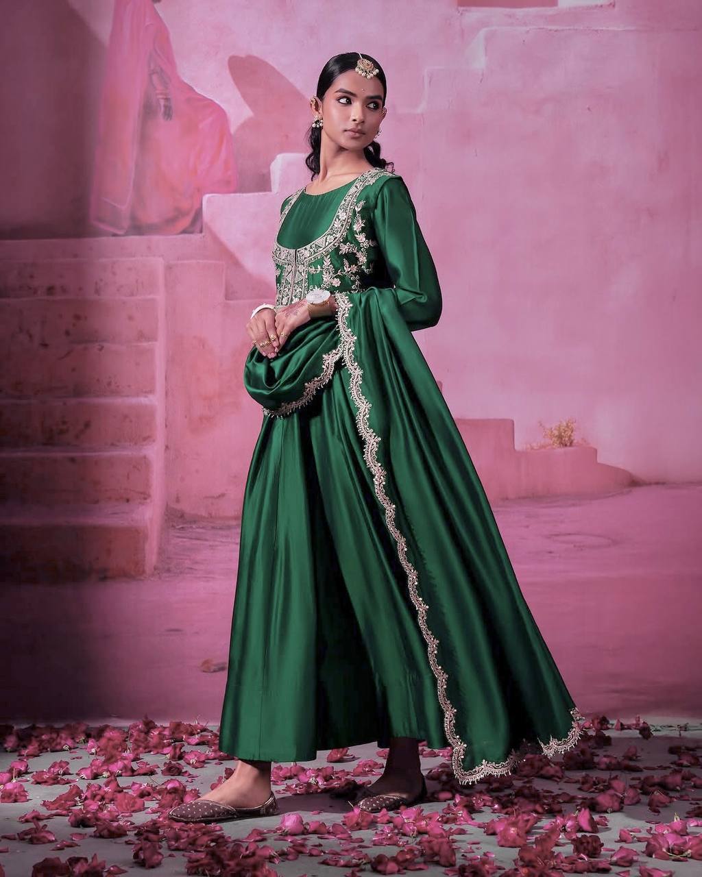 Regal Green Chinon Silk Embroidered With Thread Sequins Work Gown With Dupatta And Koti