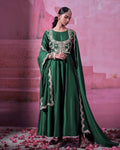 Regal Green Chinon Silk Embroidered With Thread Sequins Work Gown With Dupatta And Koti