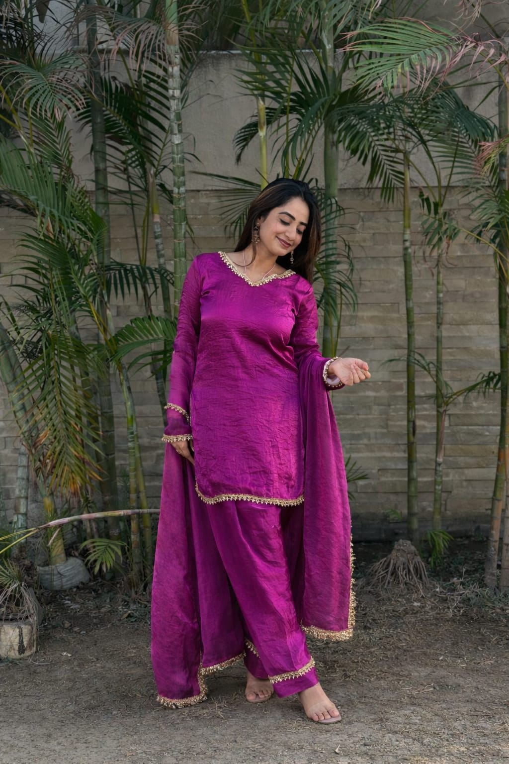 PREMIUM FENDY SILK SHARARA SUIT WITH PEARL MIRROR LACE WORK