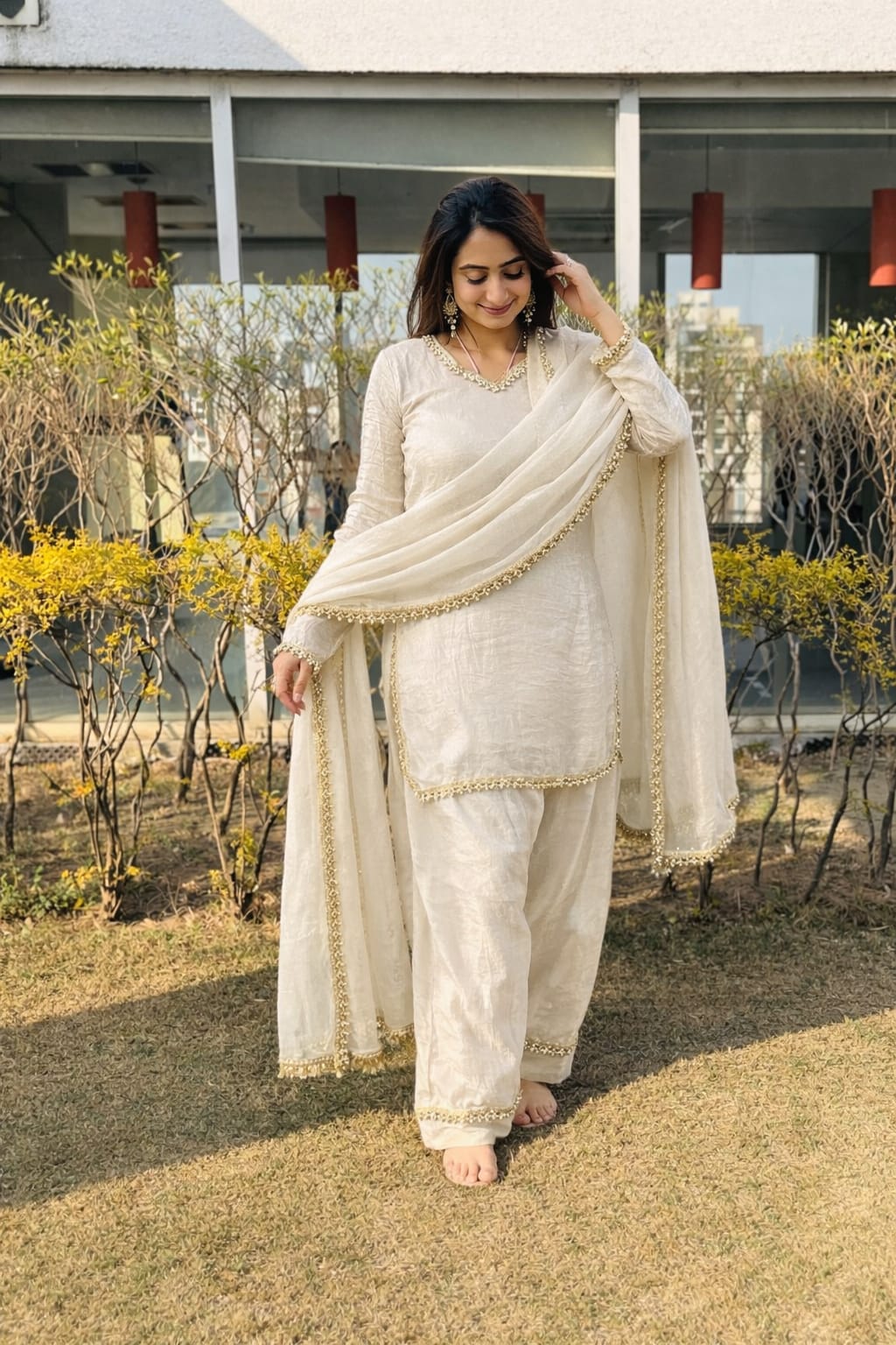 PREMIUM FENDY SILK SHARARA SUIT WITH PEARL MIRROR LACE WORK