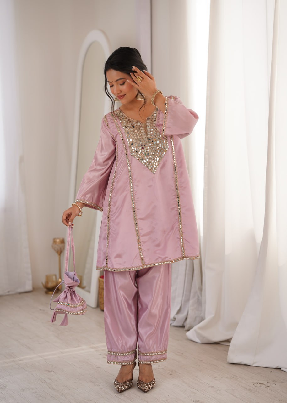 Suhani Light Pink HO Silk Mirror Embroidered Work Kurti Pant Set with Potli