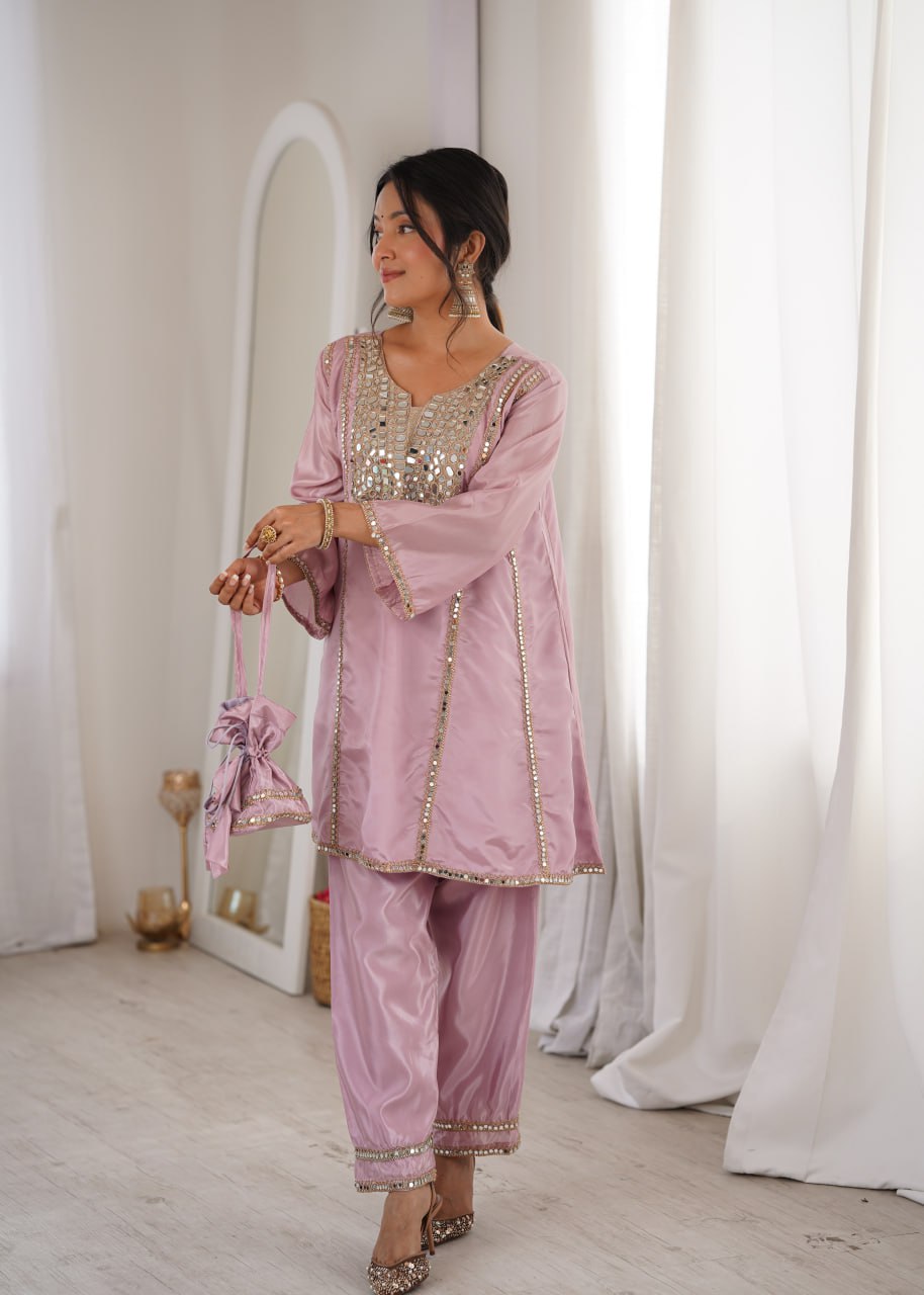 Suhani Light Pink HO Silk Mirror Embroidered Work Kurti Pant Set with Potli