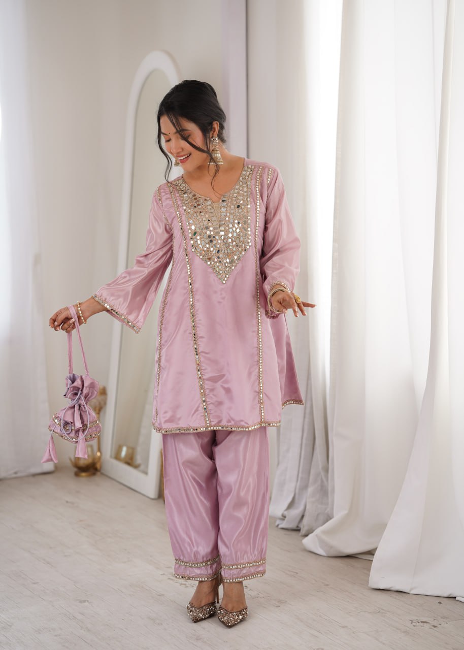 Suhani Light Pink HO Silk Mirror Embroidered Work Kurti Pant Set with Potli