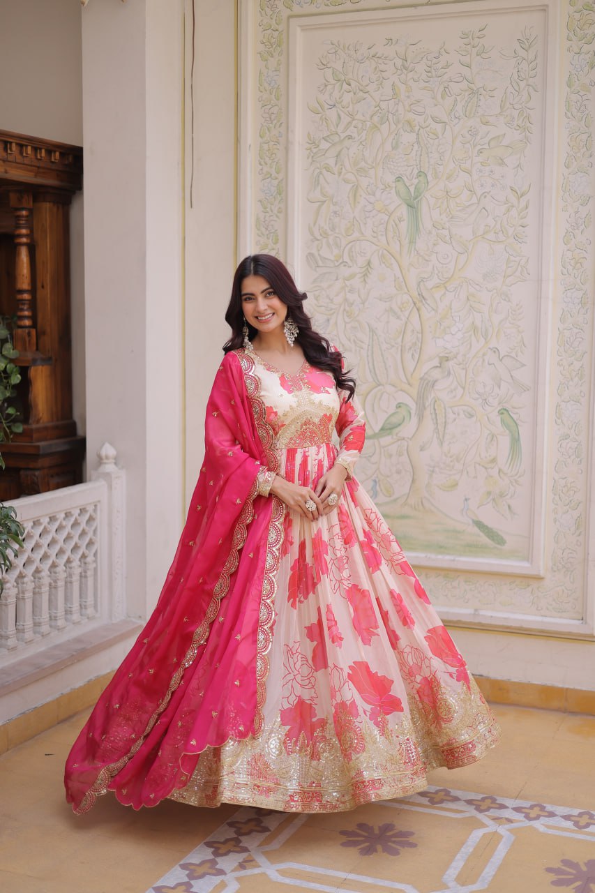 Anjaneya Digital Printed Russian silk With Embroidery Zari Sequins-work Gown-Dupatta Set
