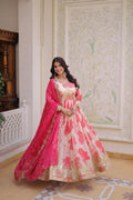 Anjaneya Digital Printed Russian silk With Embroidery Zari Sequins-work Gown-Dupatta Set