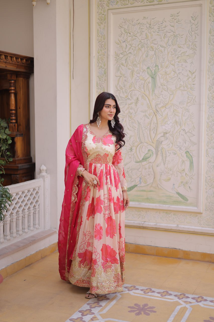 Anjaneya Digital Printed Russian silk With Embroidery Zari Sequins-work Gown-Dupatta Set