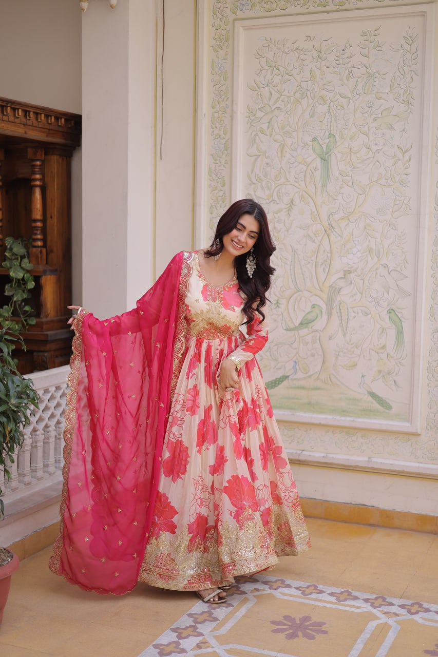 Anjaneya Digital Printed Russian silk With Embroidery Zari Sequins-work Gown-Dupatta Set