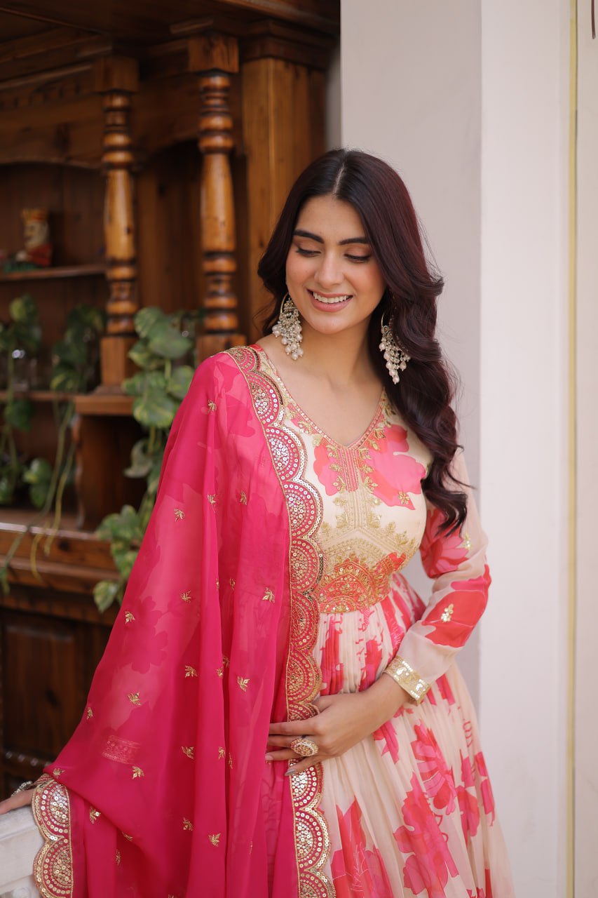 Anjaneya Digital Printed Russian silk With Embroidery Zari Sequins-work Gown-Dupatta Set