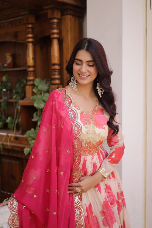 Anjaneya Digital Printed Russian silk With Embroidery Zari Sequins-work Gown-Dupatta Set