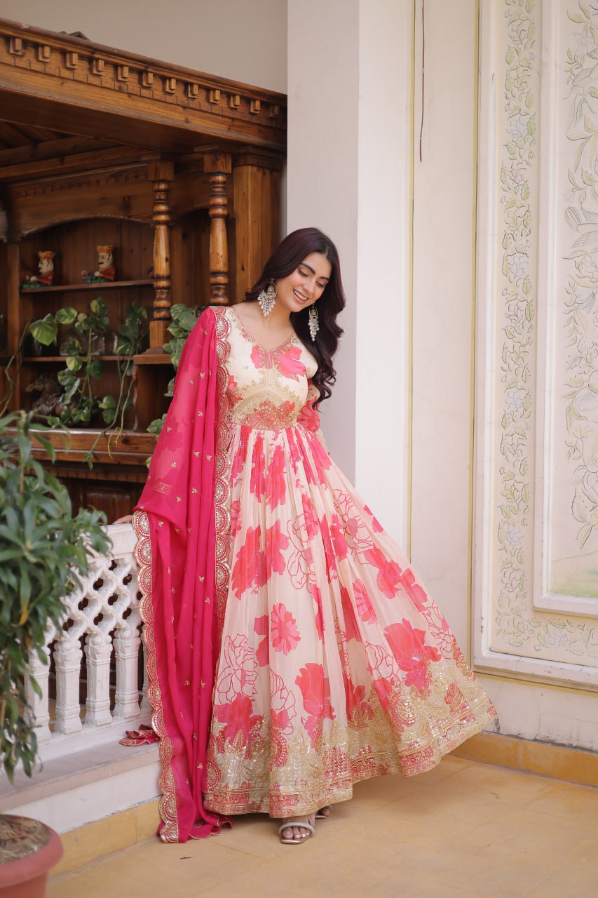 Anjaneya Digital Printed Russian silk With Embroidery Zari Sequins-work Gown-Dupatta Set