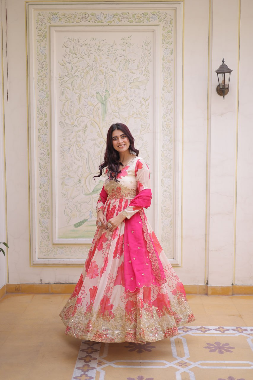 Anjaneya Digital Printed Russian silk With Embroidery Zari Sequins-work Gown-Dupatta Set