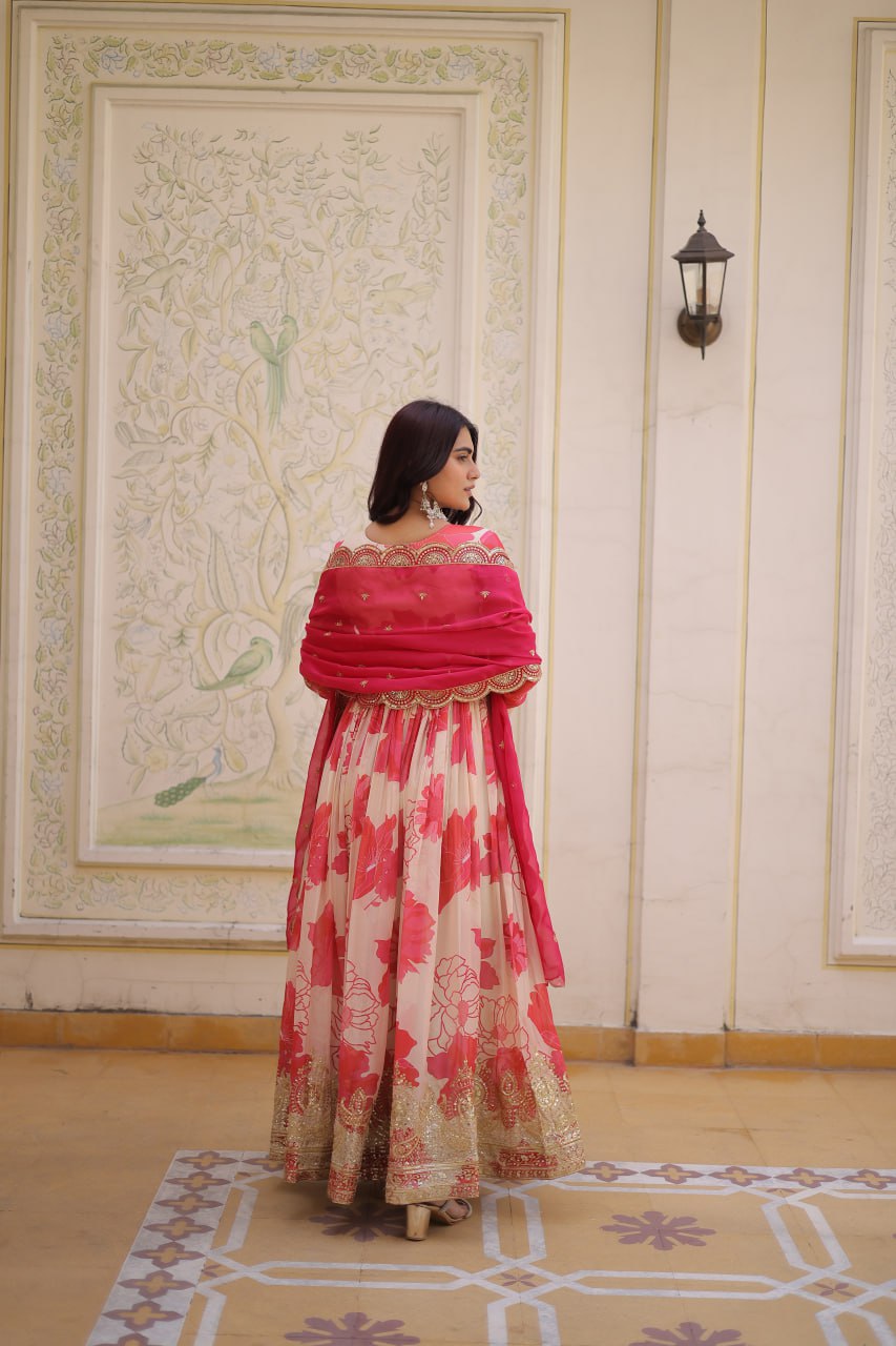 Anjaneya Digital Printed Russian silk With Embroidery Zari Sequins-work Gown-Dupatta Set