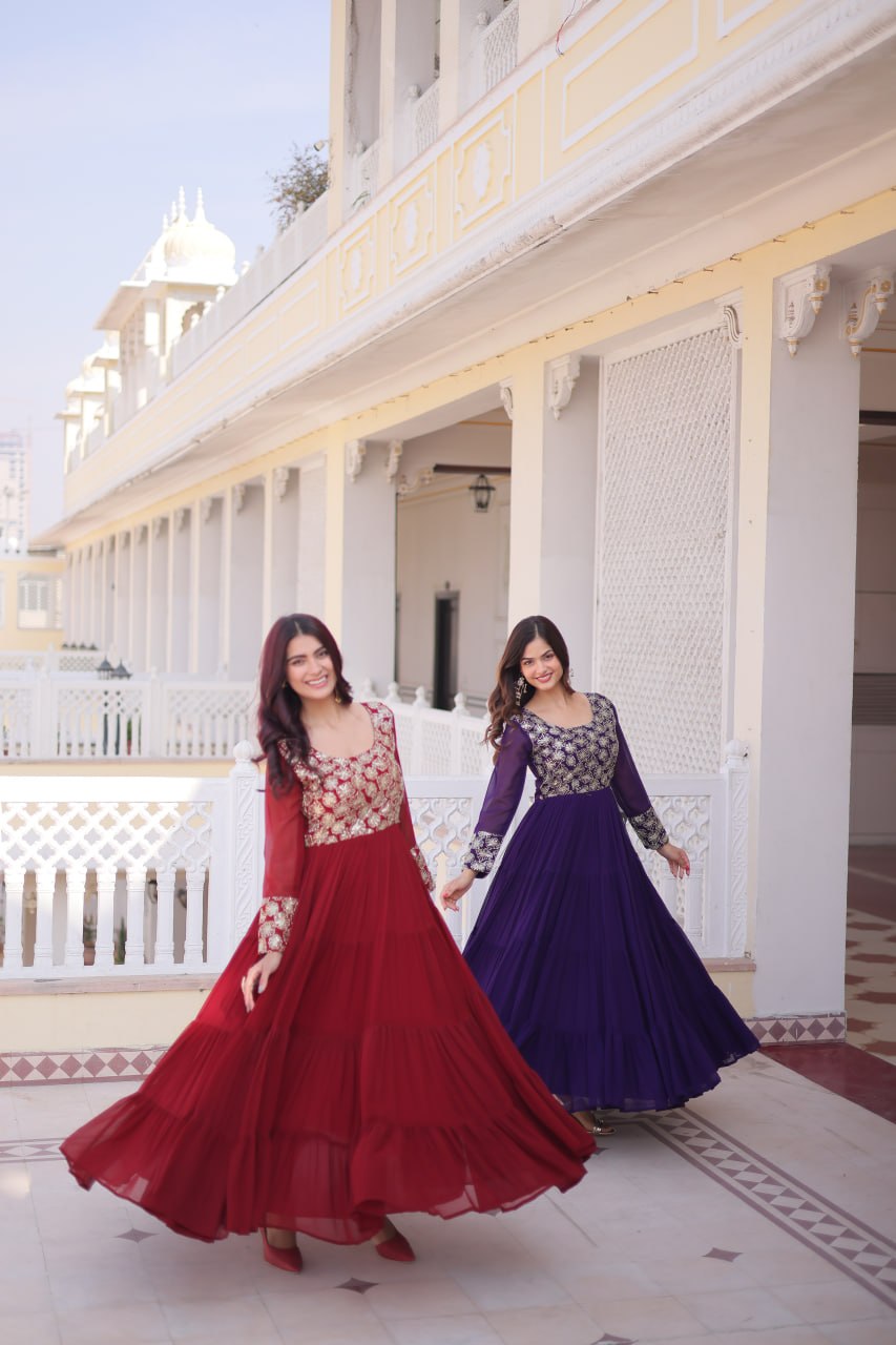 Anamika Maroon Faux Georgette with Sequins Zari Embroidery Gown