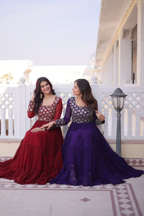 Anamika Maroon Faux Georgette with Sequins Zari Embroidery Gown