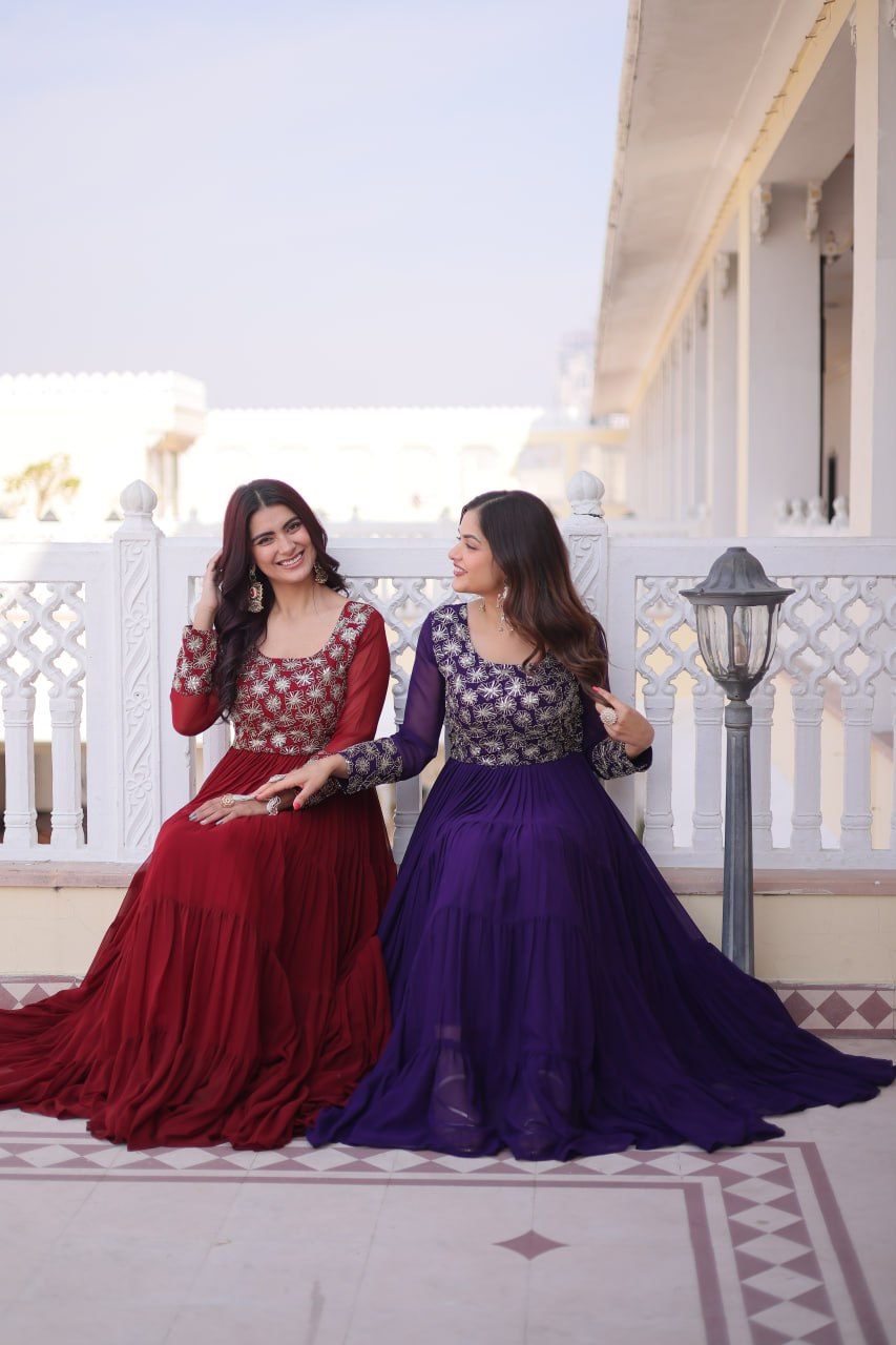 Anamika Maroon Faux Georgette with Sequins Zari Embroidery Gown