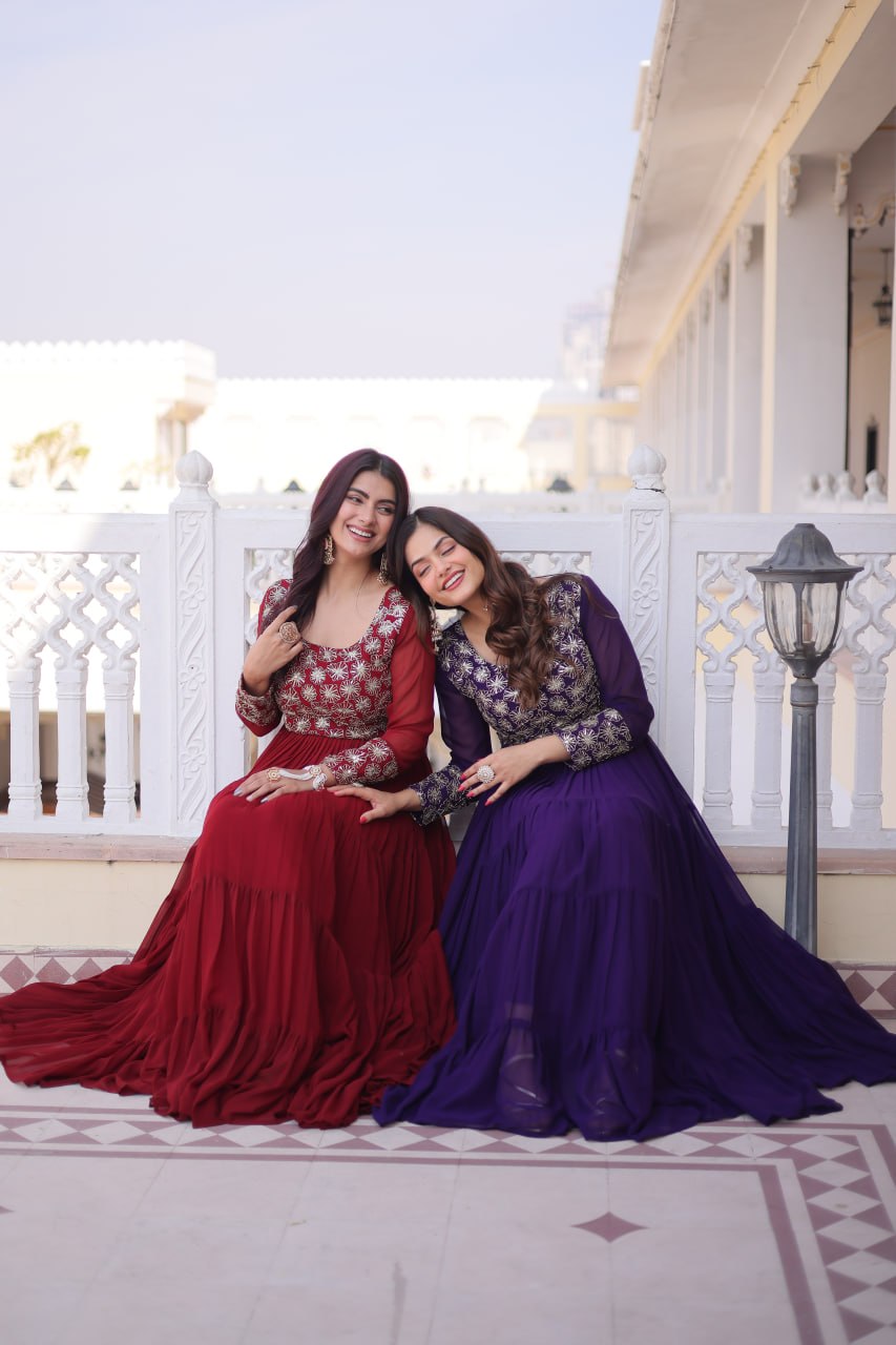 Anamika Maroon Faux Georgette with Sequins Zari Embroidery Gown