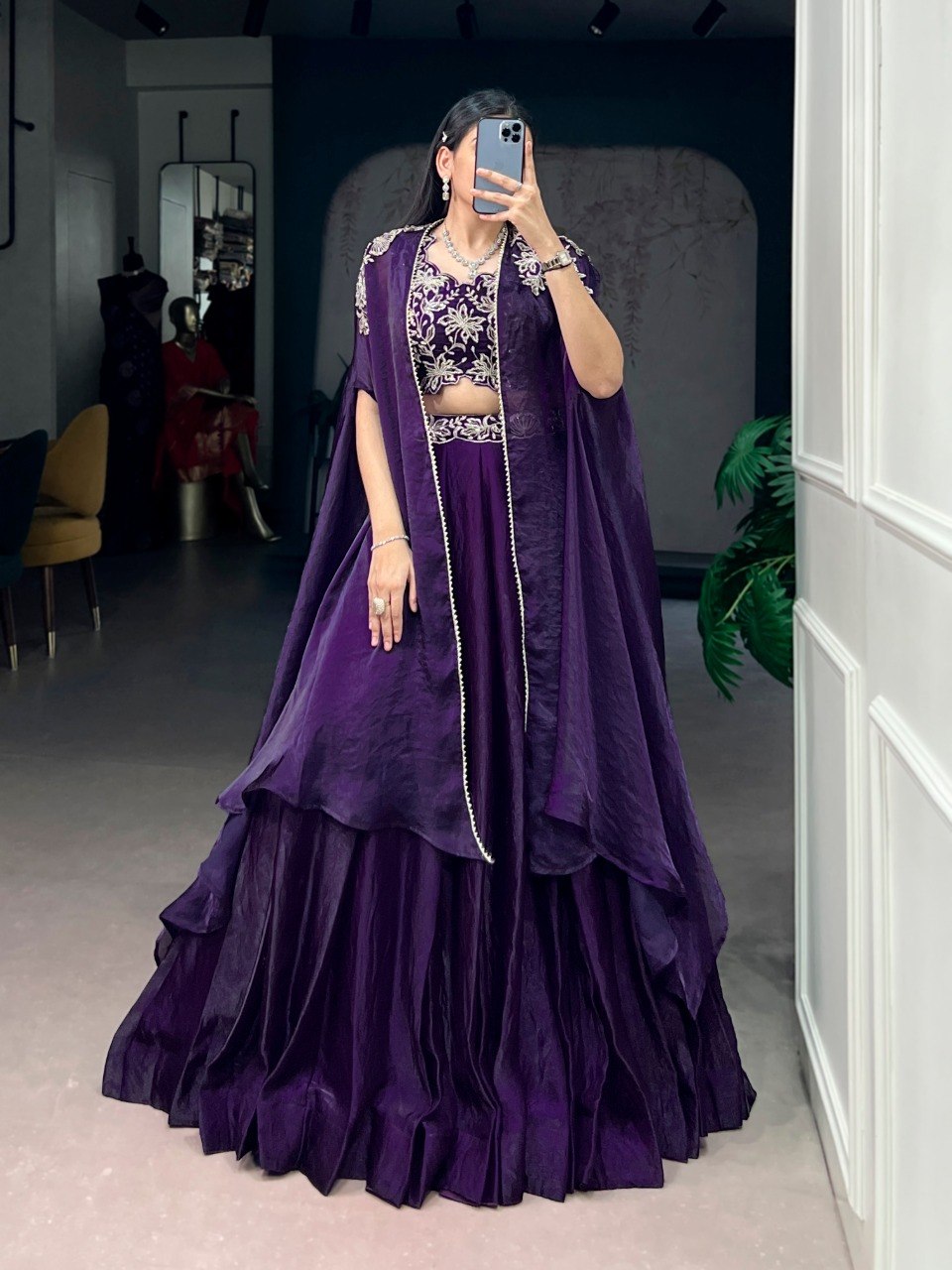 Aafreen Purple Fendy Silk Sequins Embroidered Shrug Lehenga Choli set