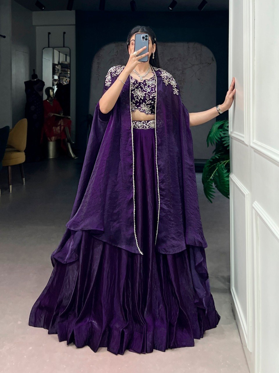Aafreen Purple Fendy Silk Sequins Embroidered Shrug Lehenga Choli set
