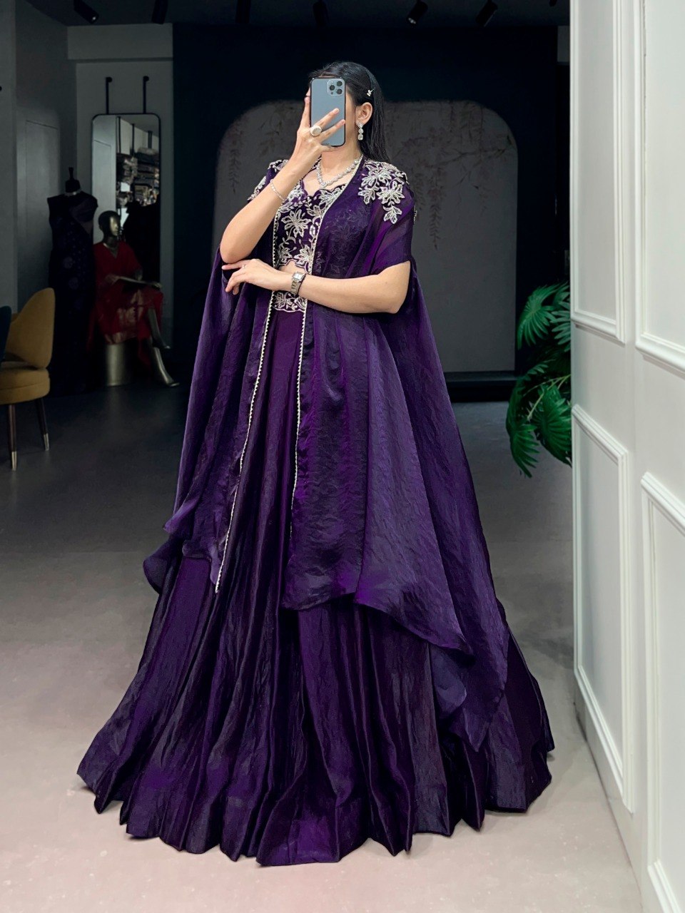 Aafreen Purple Fendy Silk Sequins Embroidered Shrug Lehenga Choli set