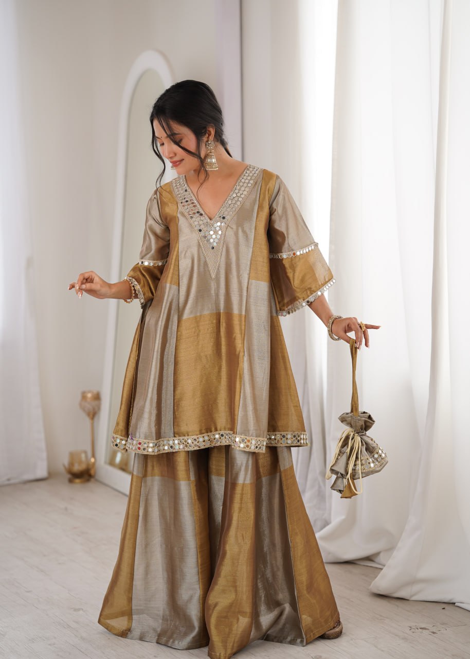 Manmohak Two-Tone Zari Shimmer Trending Mirror Work Top and Bottom Set With Batwa