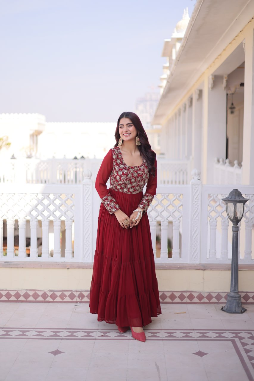 Anamika Maroon Faux Georgette with Sequins Zari Embroidery Gown