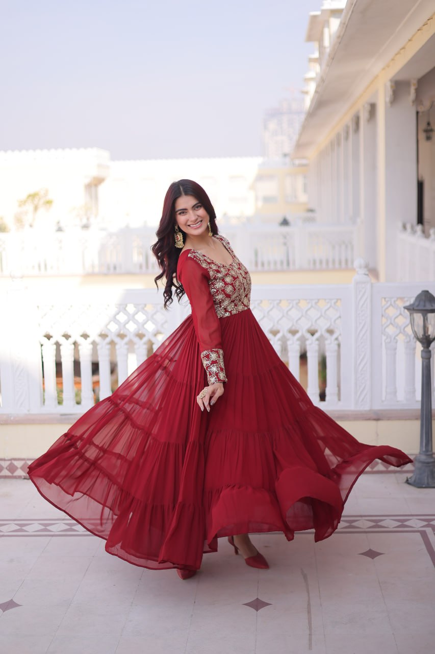 Anamika Maroon Faux Georgette with Sequins Zari Embroidery Gown