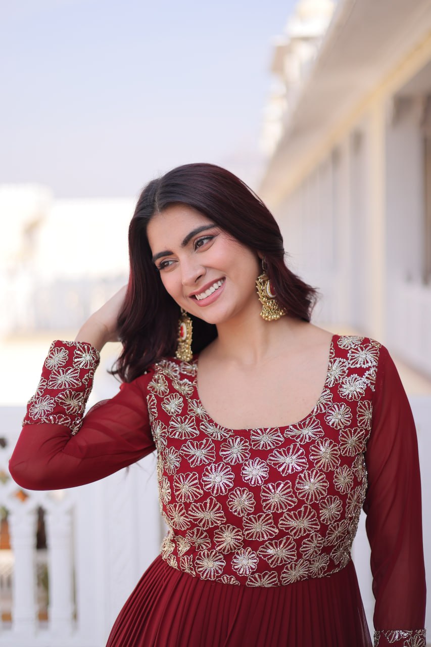 Anamika Maroon Faux Georgette with Sequins Zari Embroidery Gown