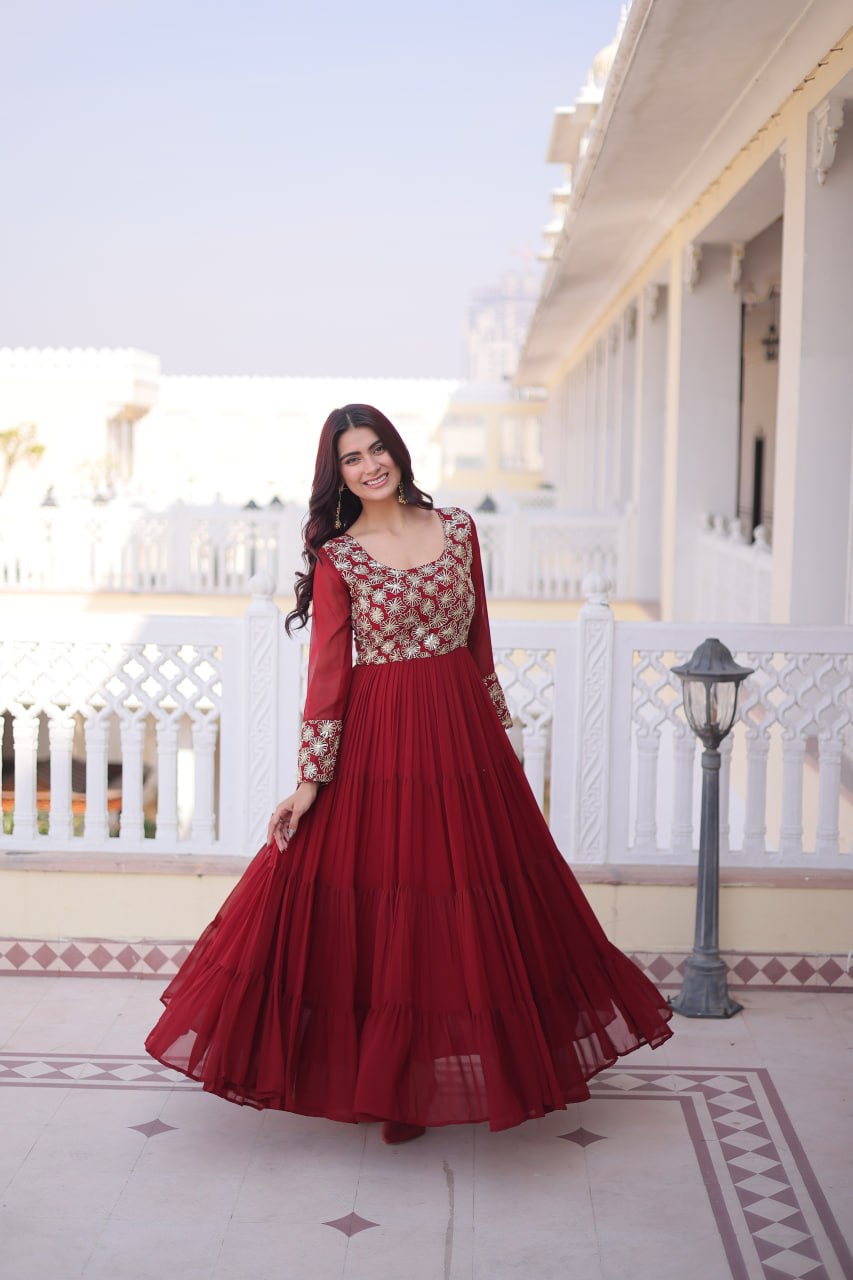 Anamika Maroon Faux Georgette with Sequins Zari Embroidery Gown
