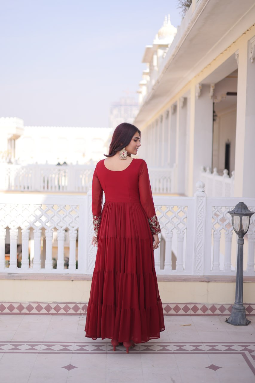 Anamika Maroon Faux Georgette with Sequins Zari Embroidery Gown