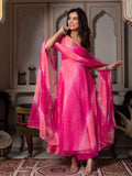 Aaisha Pink Bandhani Leheriya Printed Georgette Sequins Lace Gown