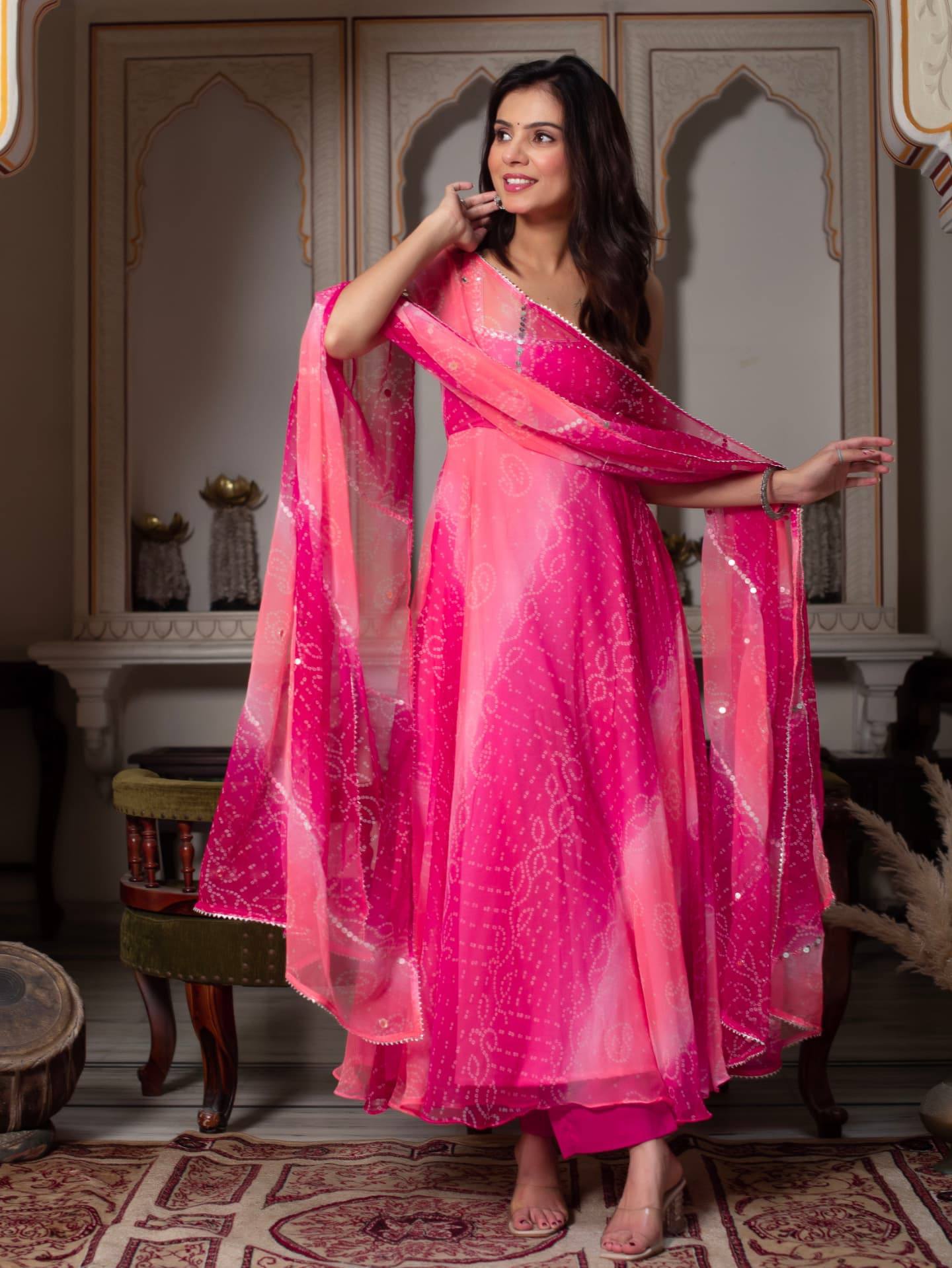 Aaisha Pink Bandhani Leheriya Printed Georgette Sequins Lace Gown
