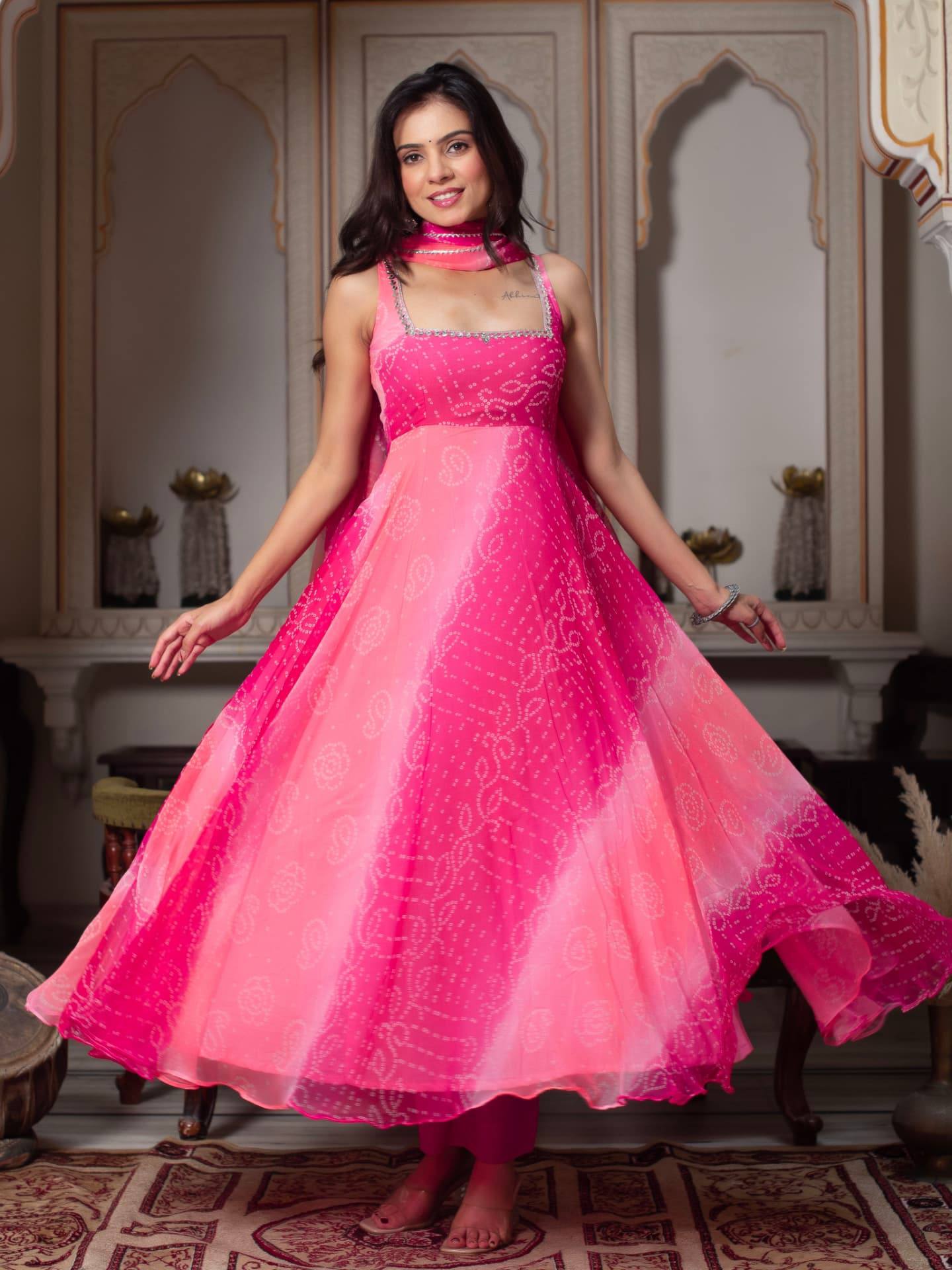 Aaisha Pink Bandhani Leheriya Printed Georgette Sequins Lace Gown