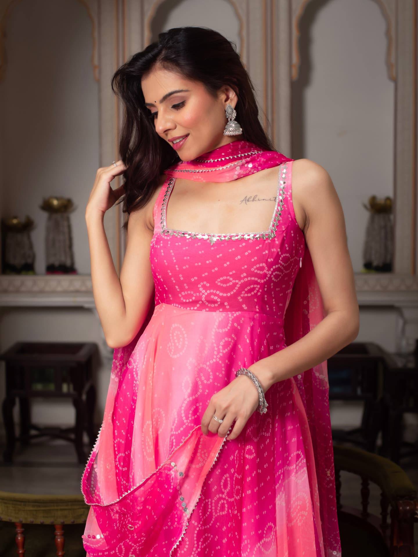 Aaisha Pink Bandhani Leheriya Printed Georgette Sequins Lace Gown
