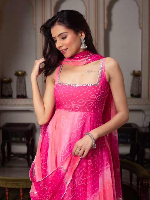 Aaisha Pink Bandhani Leheriya Printed Georgette Sequins Lace Gown
