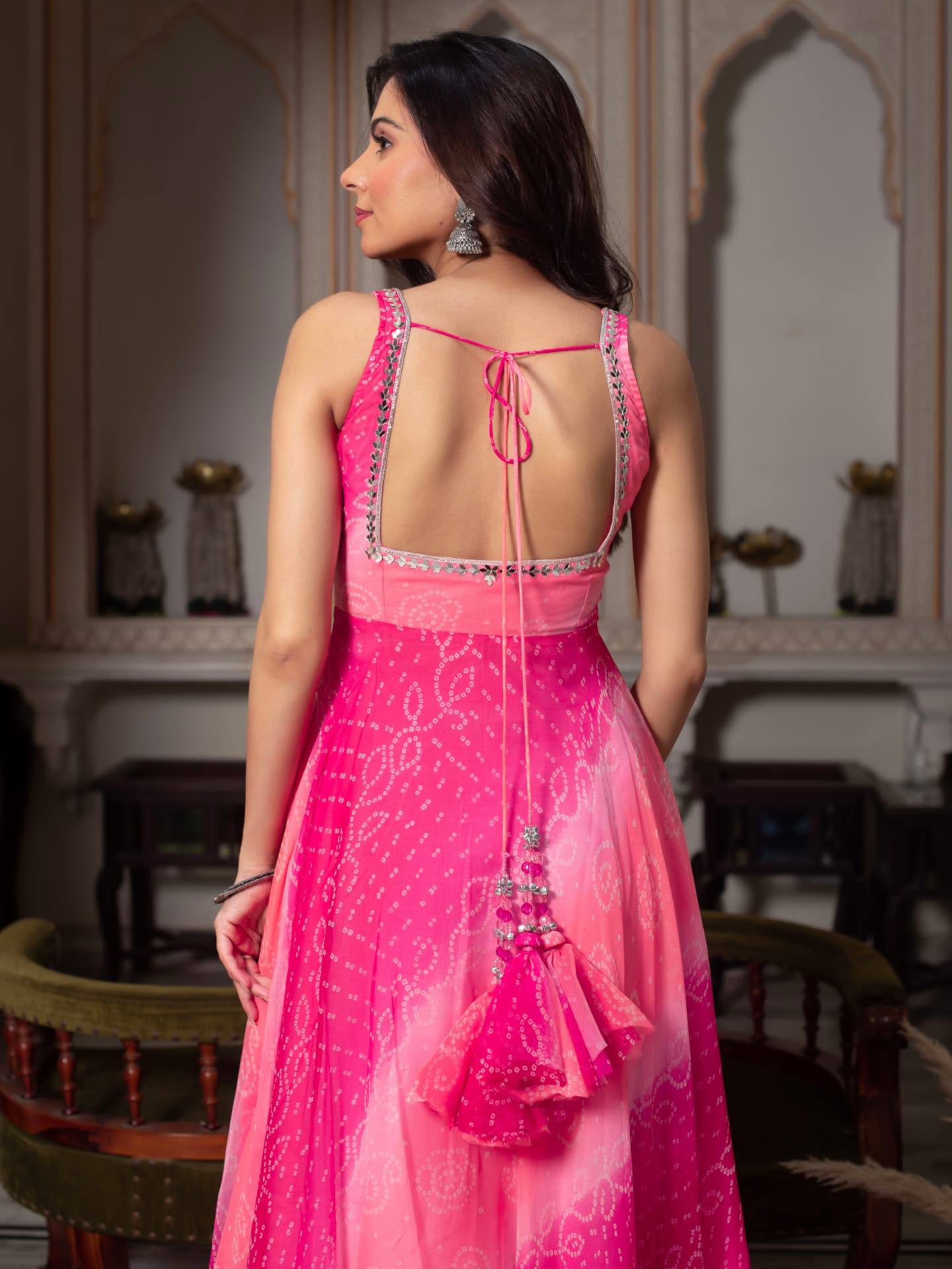 Aaisha Pink Bandhani Leheriya Printed Georgette Sequins Lace Gown