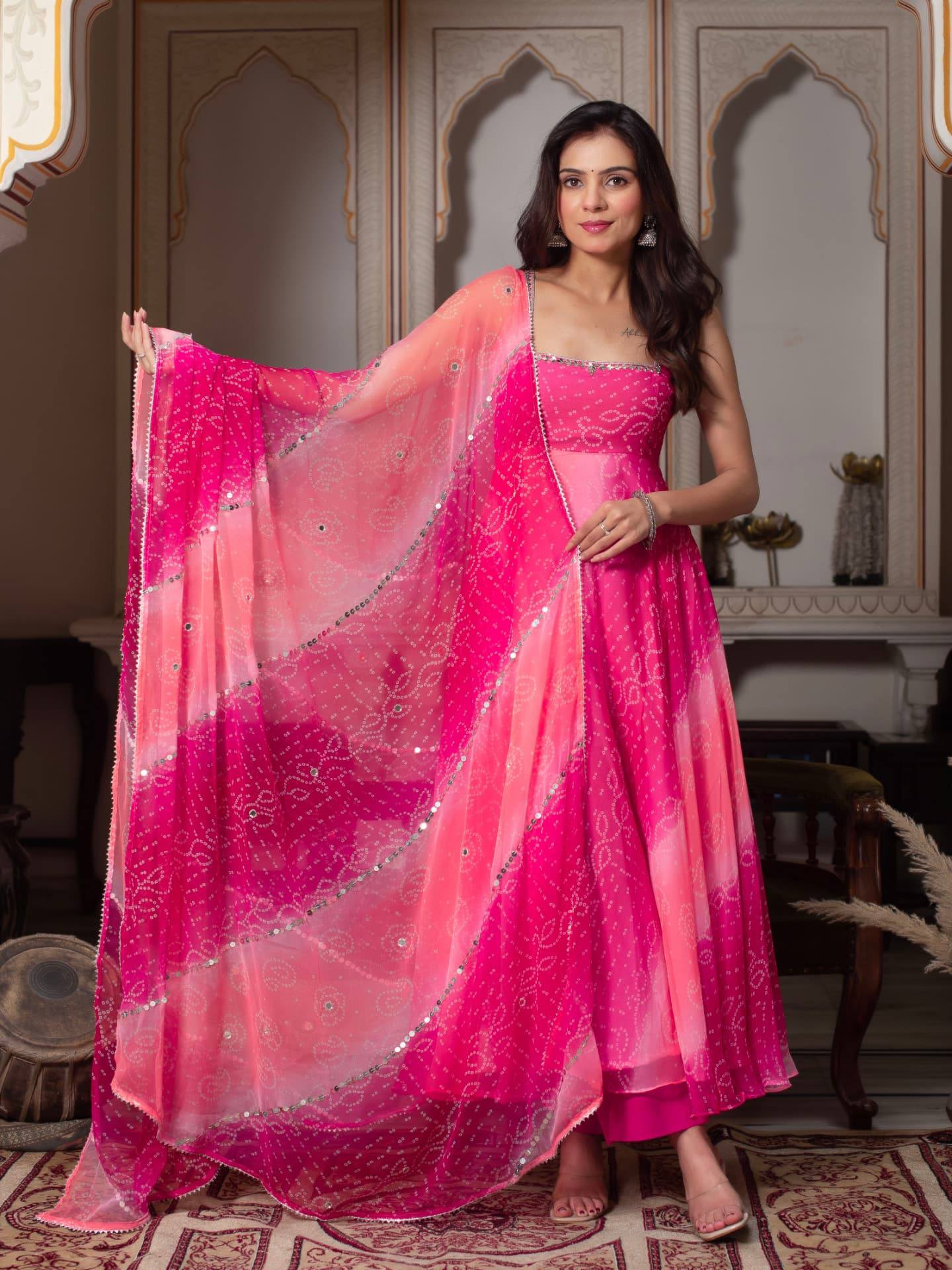 Aaisha Pink Bandhani Leheriya Printed Georgette Sequins Lace Gown