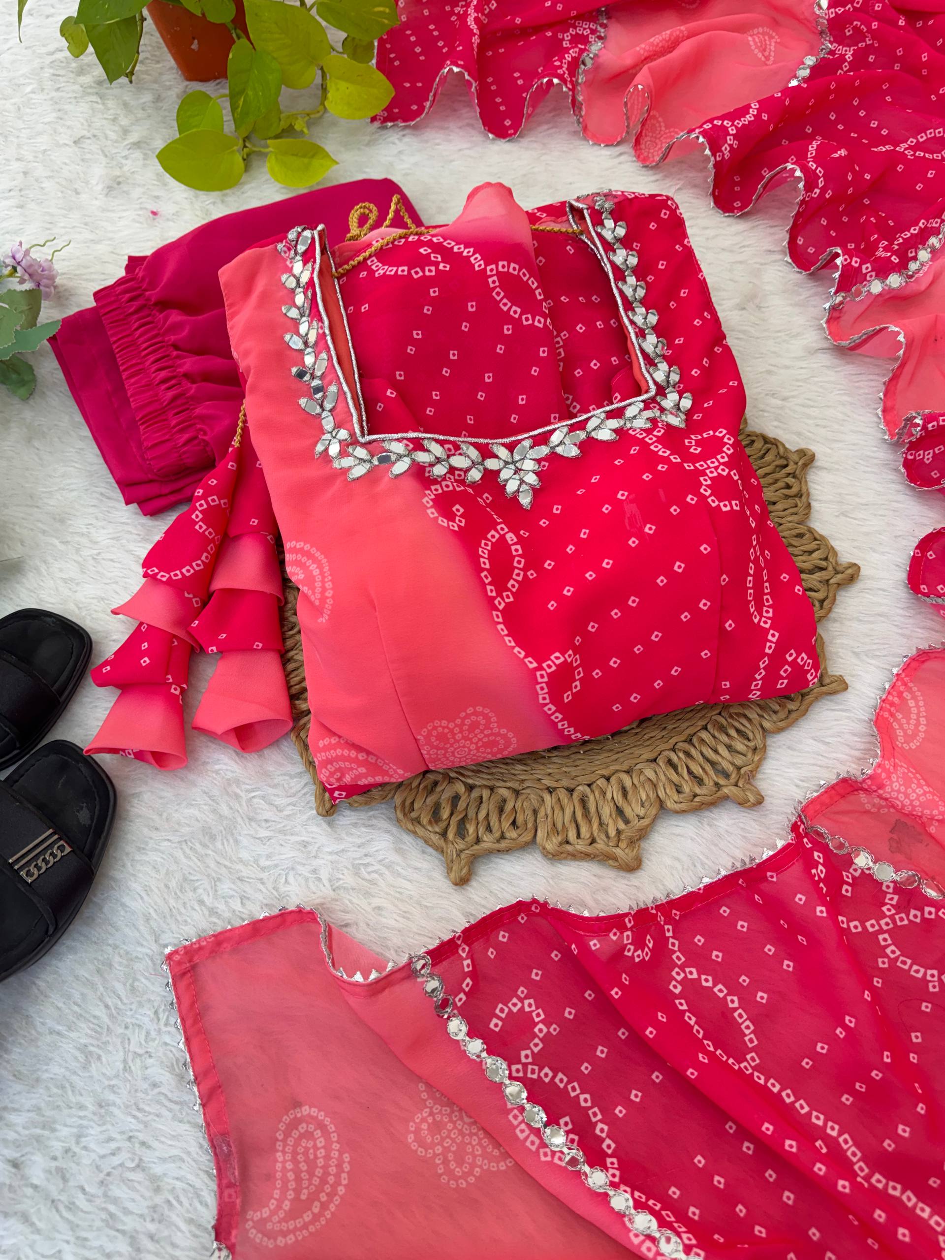 Aaisha Pink Bandhani Leheriya Printed Georgette Sequins Lace Gown