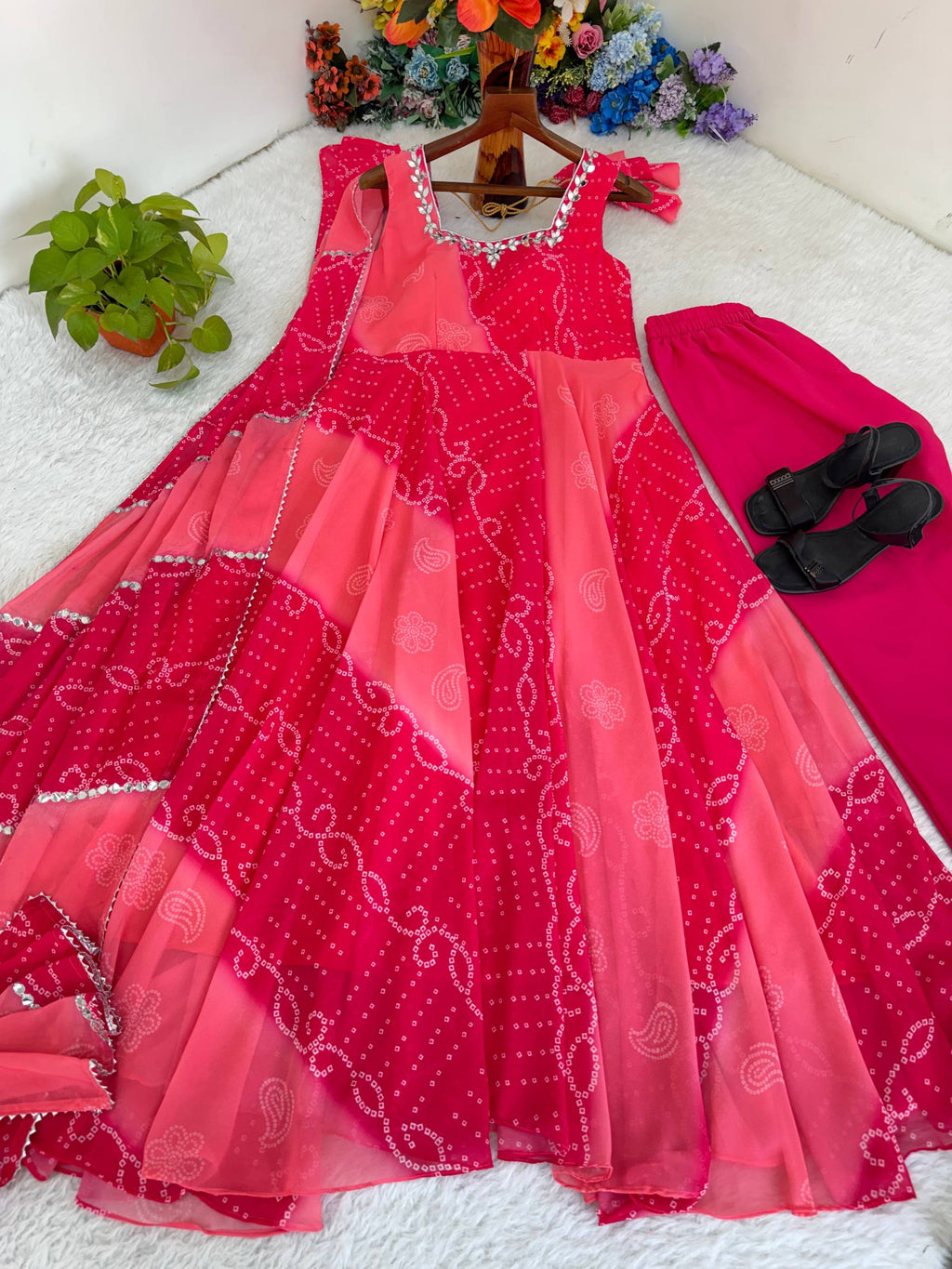 Aaisha Pink Bandhani Leheriya Printed Georgette Sequins Lace Gown