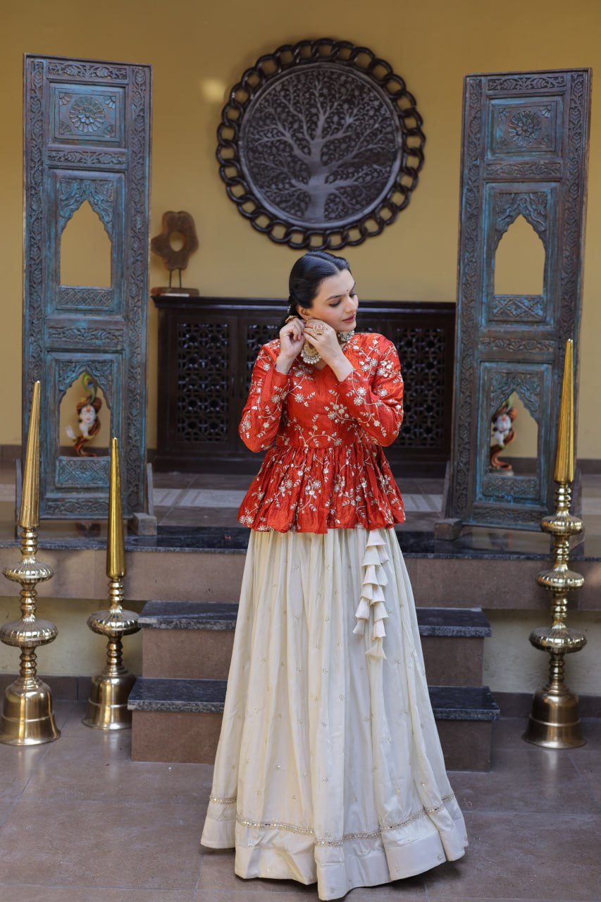 Ananya Cosmos Butti With Orange fanta YSL Silk Sequins Embroidered Co-ord Set Lehenaga Choli