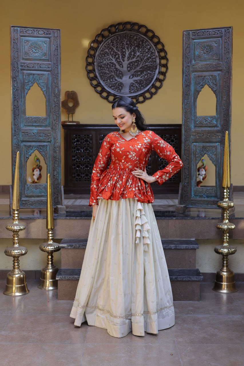 Ananya Cosmos Butti With Orange fanta YSL Silk Sequins Embroidered Co-ord Set Lehenaga Choli