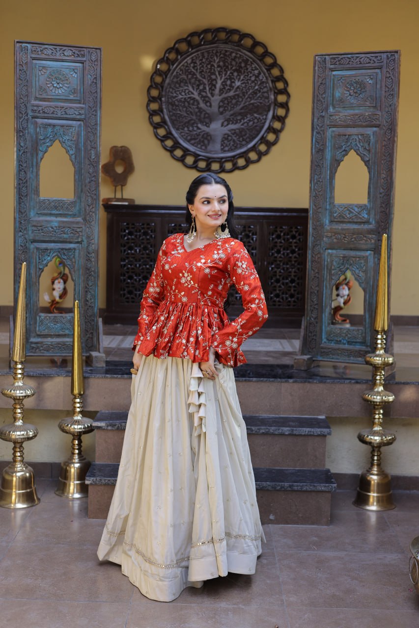 Ananya Cosmos Butti With Orange fanta YSL Silk Sequins Embroidered Co-ord Set Lehenaga Choli