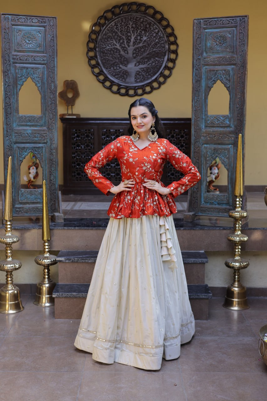 Ananya Cosmos Butti With Orange fanta YSL Silk Sequins Embroidered Co-ord Set Lehenaga Choli