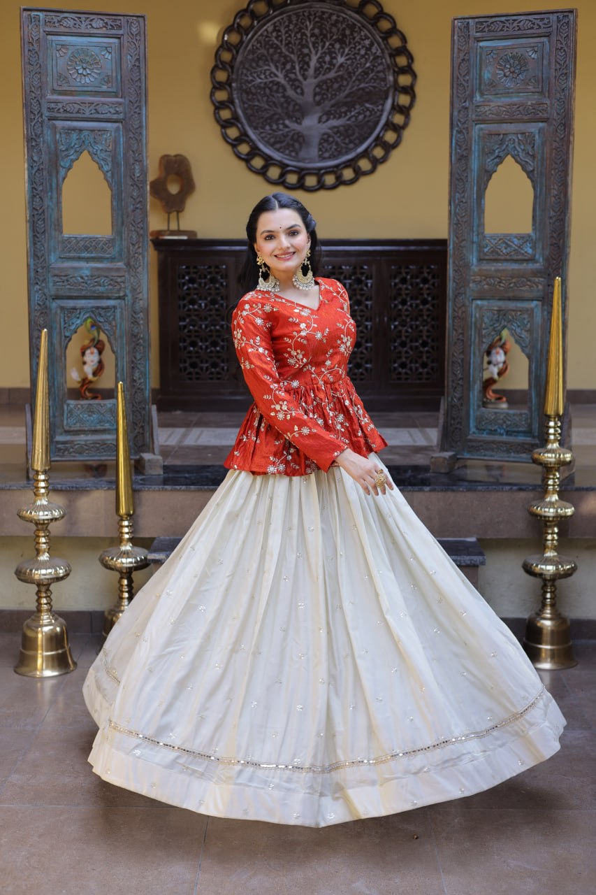 Ananya Cosmos Butti With Orange fanta YSL Silk Sequins Embroidered Co-ord Set Lehenaga Choli