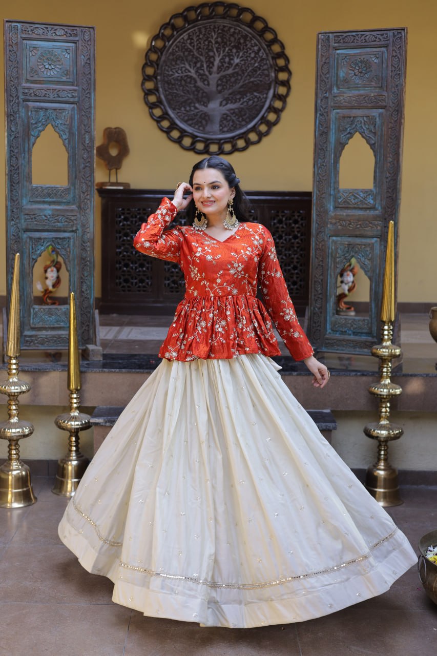 Ananya Cosmos Butti With Orange fanta YSL Silk Sequins Embroidered Co-ord Set Lehenaga Choli